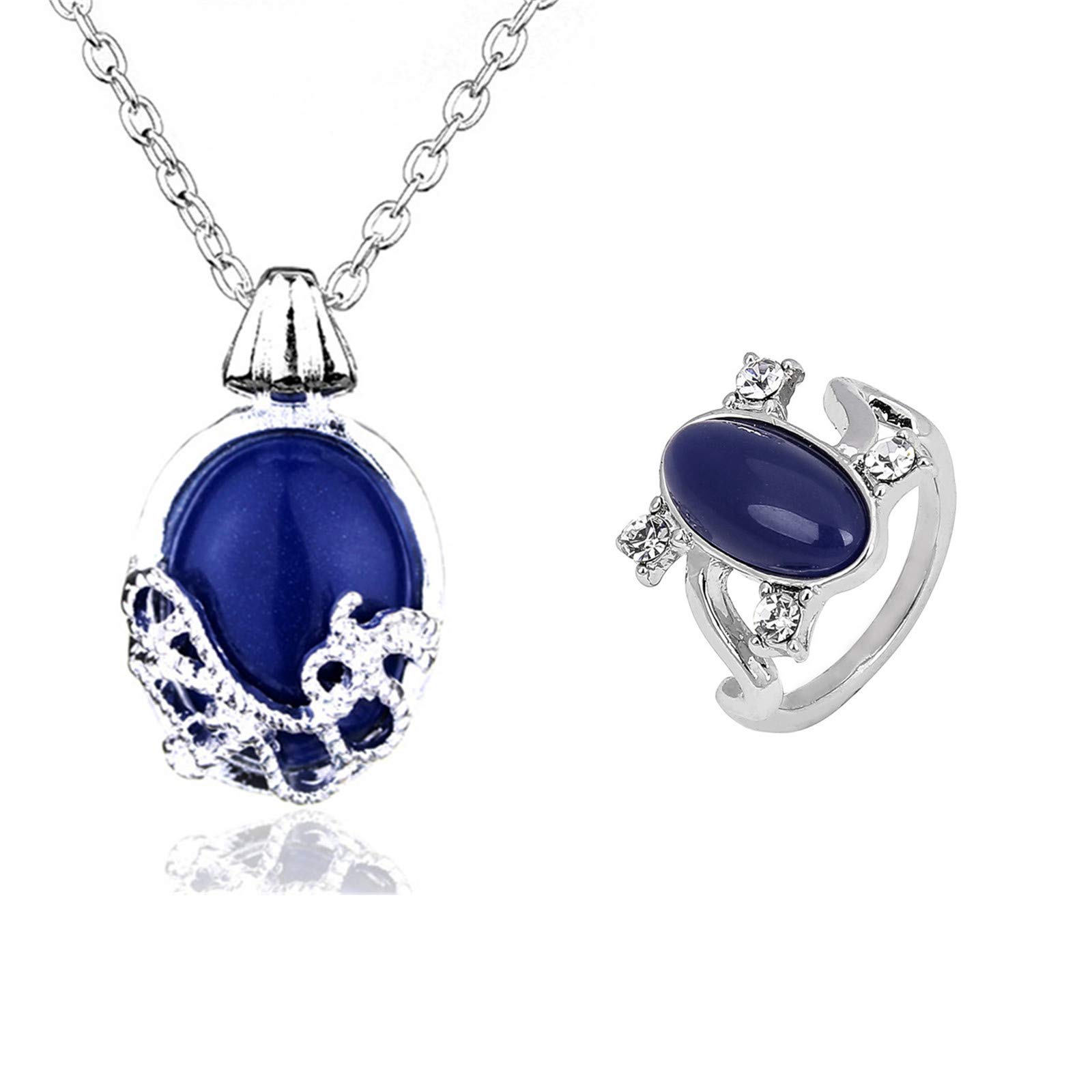 JinYu 2 Set Unisex Vampire Elena Sapphire Crystal Daylight Ring and Katherine Sapphire Crystal Pendant Daywalking Necklace