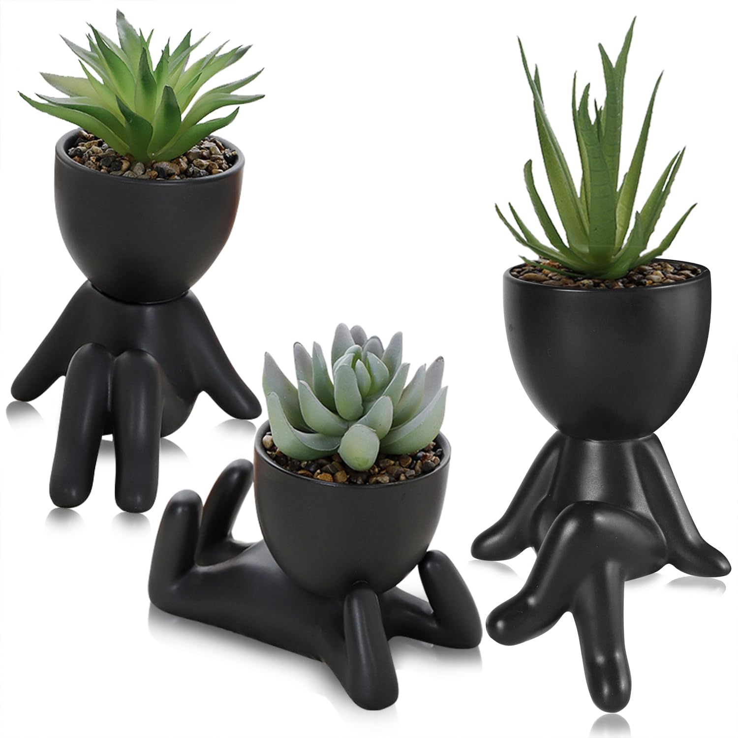 Duscdesp Artificial Potted Plant Set of 3 Cute Fake Succulent Plant Pot,Artificial Plants Indoor Succulents Plants Faux Plants for Home Office Bathroom Decor (3 BLACK)