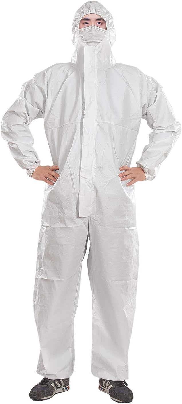 Disposable Coveralls Protective Suit with Hood Isolation Suit Protective Clothing Dust-proof Coverall Suit with Long Front Zipper Against infection(1 Packs/L)