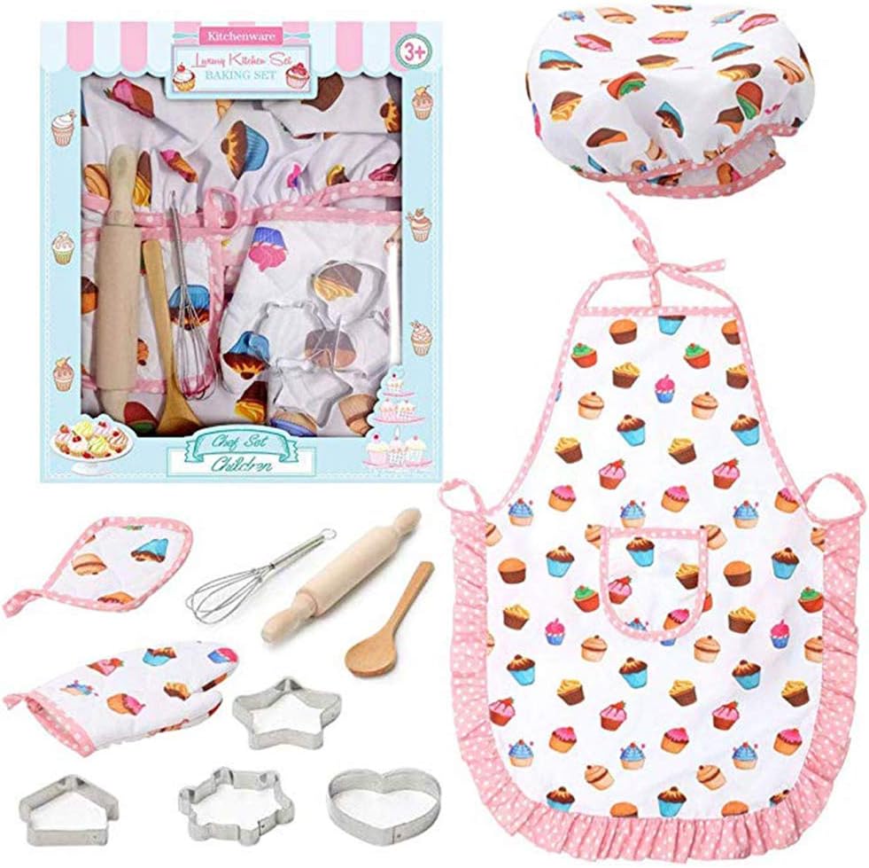 Globents Kids Cooking and Baking Set-11 Pcs Includes Apron for Little Girls, Chef Hat, Mitt & Utensil for Toddler Dress Up Chef Costume Career Role