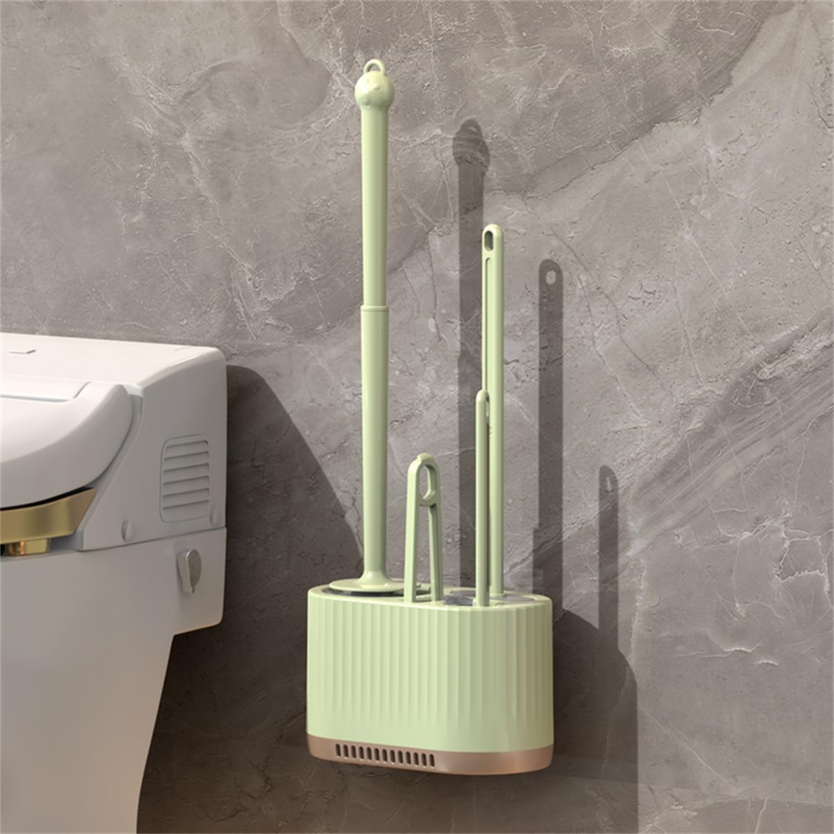 Michear Toilet Brush,Silicone Flexible Bristles, Deep Cleaner Set with Ventilated Holder and Base Standing & Wall Mounted Toilet Bowl Brush (Light green)