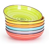 KitchenTour Pasta Bowls, Ceramic Salad Bowls Serving Bowl Set 26 oz, 8 Inch Colorful Porcelain Wide and Shallow Bowls Set - Dishwasher and Microwave Safe - Set of 6