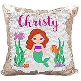 Personalized Mermaid Reversible Sequin Pillow, Custom Mermaid Underwater Scene Sequin Pillow (White/Rose-Gold)