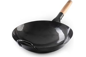Black13 by Craft Wok Pre-Seasoned Hand Hammered Carbon Steel Pow Wok with Wooden and Steel Helper Handle (13 Inch, Round Bott