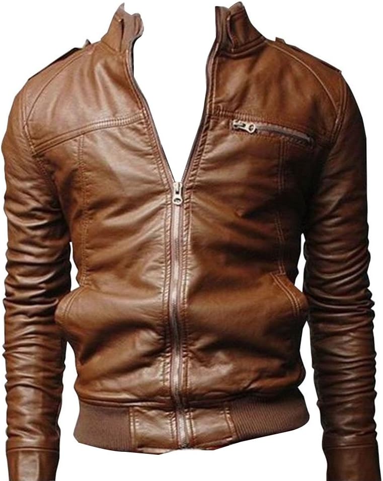 LaoZanMen Stand Cut Collar Casual Biker Jacket Faux Leather Military Slim Fit Zipped Coat Outerwear