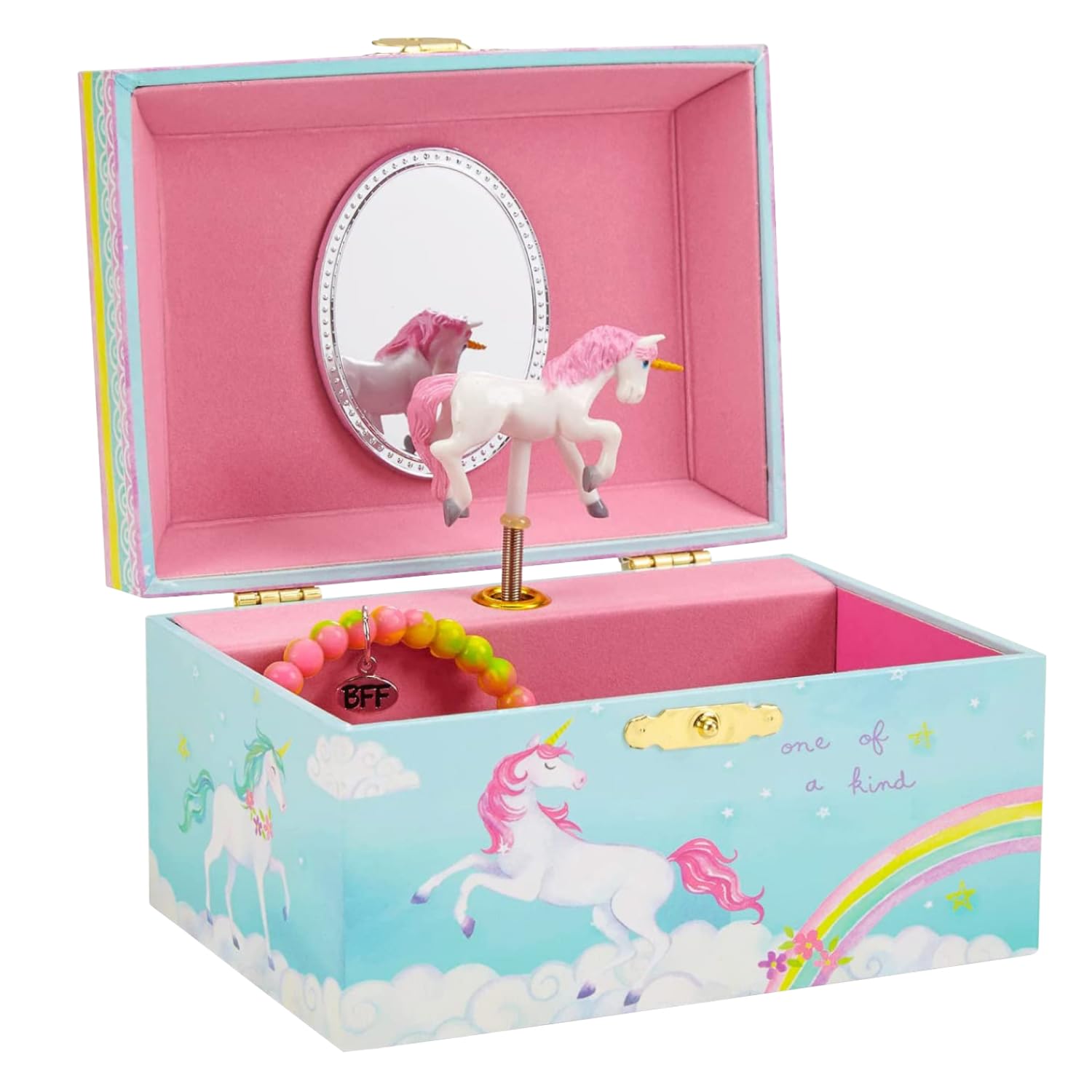 Jewelkeeper Rainbow Unicorn Jewellery Box Music Box for Storing Necklaces, Bracelets and Rings - Girls Keepsake Storage with Spinning Unicorn, Oval Mirror, Beautiful Dreamer Tune