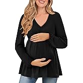 FMEYOA Women's Maternity Tops Long Sleeve V Neck Fall Loose Blouse Ruched Babydoll Pregnancy Shirts S-2XL
