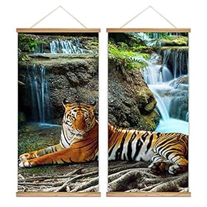 2 Panel Hanging Poster with Wood Frames - Tiger in Front of a Cascading Waterfall - Ready to Hang Decorative Wall Art - 18"x36" x 2 Panels