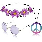 Hippie Costume Set Includes Peace Sign Necklace and Earring, Flower Crown Headband and Sunglasses 60s 70s Party Accessories