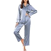 Ekouaer Silk Pajamas for Women Satin Pajama Sets Button Down Lounge Sets Silky Pajama Long Pants Sleepwear with Pockets