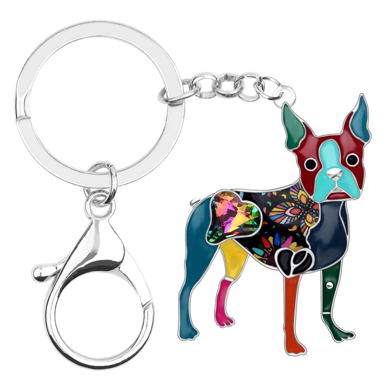 BONSNY Enamel Metal Heart Rhinestone Boston Terrier Dog Key Chains For Women Kids Car Purse bag Rings Charms Pets Gift (Multicoloured)