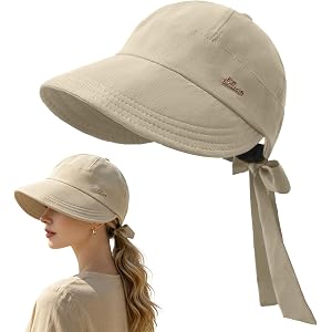 Women's Foldable Wide - Brim Sun Hat with Mesh Material - Decorative Letter Metal Badge, Bow - Accented Ponytail Hole