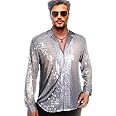 AIBEIX Mens Mesh Sequins See Through 70s Disco Long Sleeve Button Down Shirts