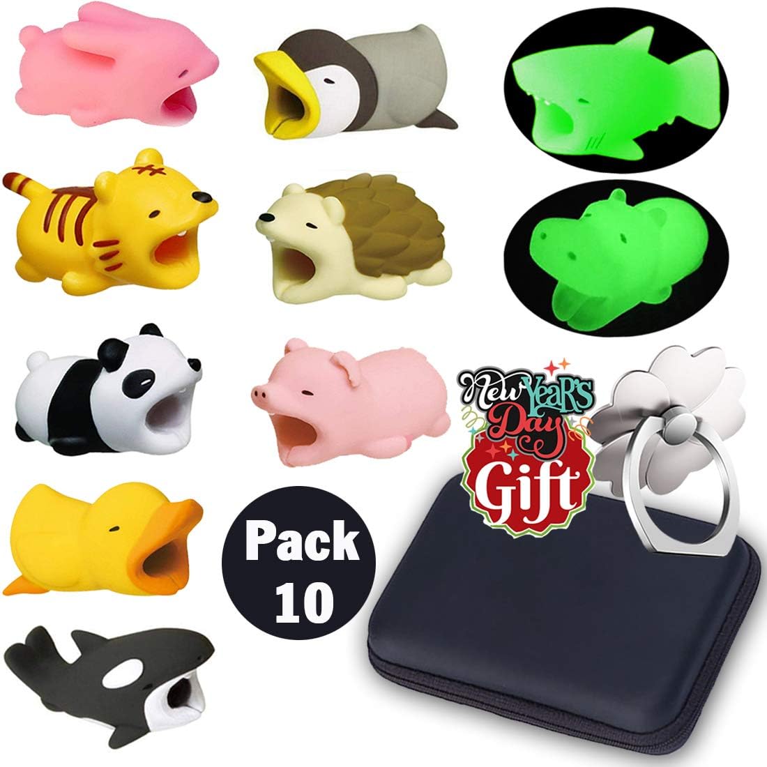 Animal Buddies Phone Cord Bites, Cute Animals Bite Cable Protector for IPhone, Cell Phone Accessories & Bites Data Line (10 Pieces with 2 Glowing Style) Bonus: Mobile Storage Box & Cell Phone Holder