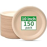 RACETOP Compostable Paper Plates 10 Inch [150 Pack], Disposable Biodegradable Heavy Duty Paper Plates, Made of Natural Sugarcane Fibers, Unbleached Brown, Round