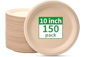 RACETOP Compostable Paper Plates 10 Inch [150 Pack], Disposable Biodegradable Heavy Duty Paper Plates, Made of Natural Sugarcane Fibers, Unbleached Brown, Round