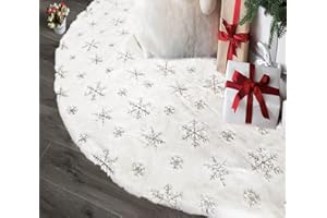 AOGU 36 Inch Sequin Faux Fur Christmas Tree Skirt Decoration for Merry Christmas Party White Plush Silver Sequin Snowflake Xmas Christmas Tree Skirt Decorations