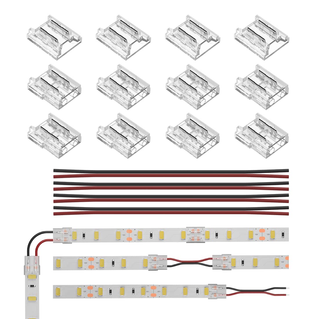 BTF-LIGHTING SMD 2pin 10mm Connector Kit 12pcs Transparent Connector 4pcs 15cm Long 20AWG Extension Board to Wire/Soldering Plate Without Slot and 2pin LED Light Corner Connectors