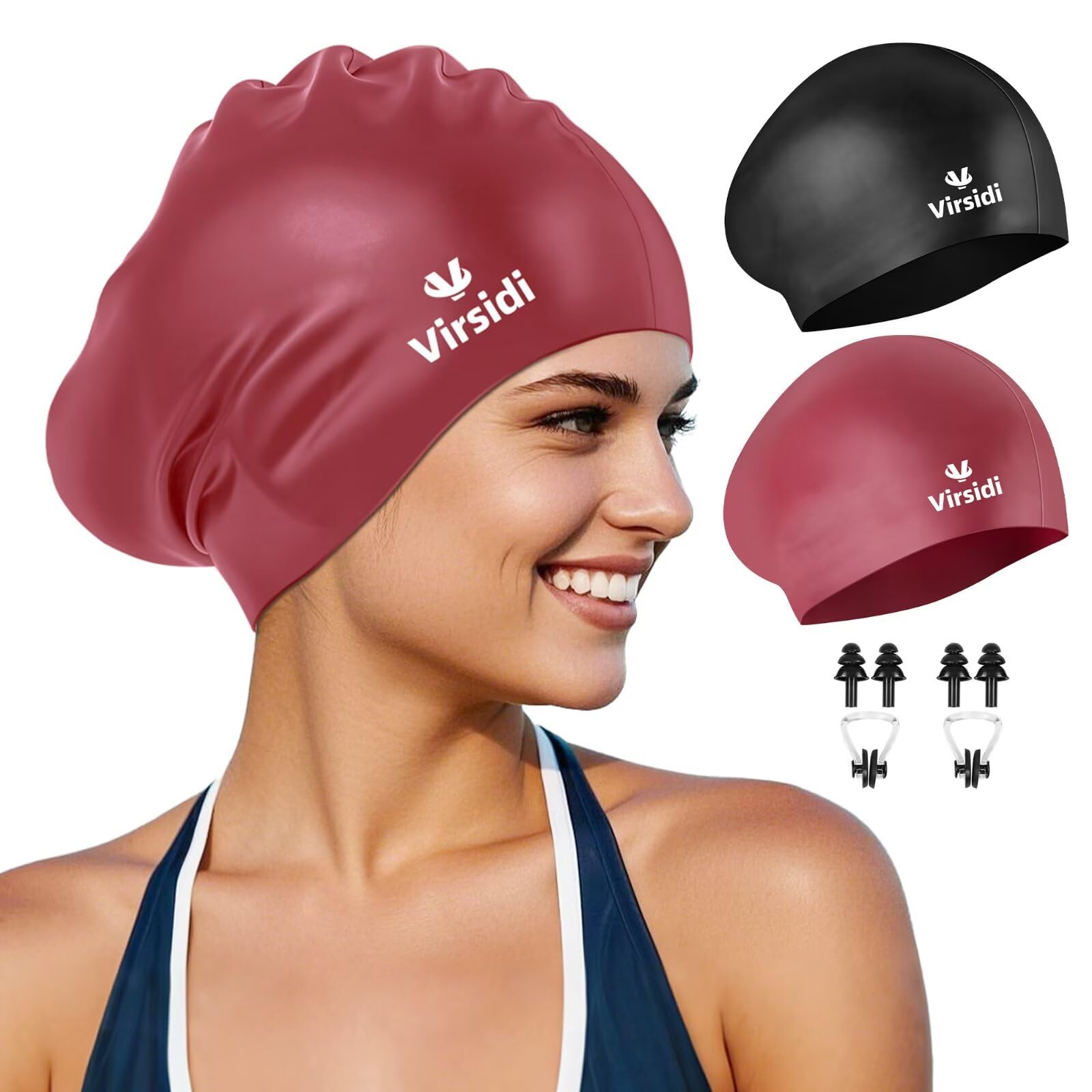 Photo 1 of 2 Pack Swim Cap for Women Men Adult, Silicone Swimming Caps for Short Long Hair, Waterproof Swim Hats Bathing Caps to Keep Hair Dry with Nose Clip and Earplugs (Black&Burgundy)