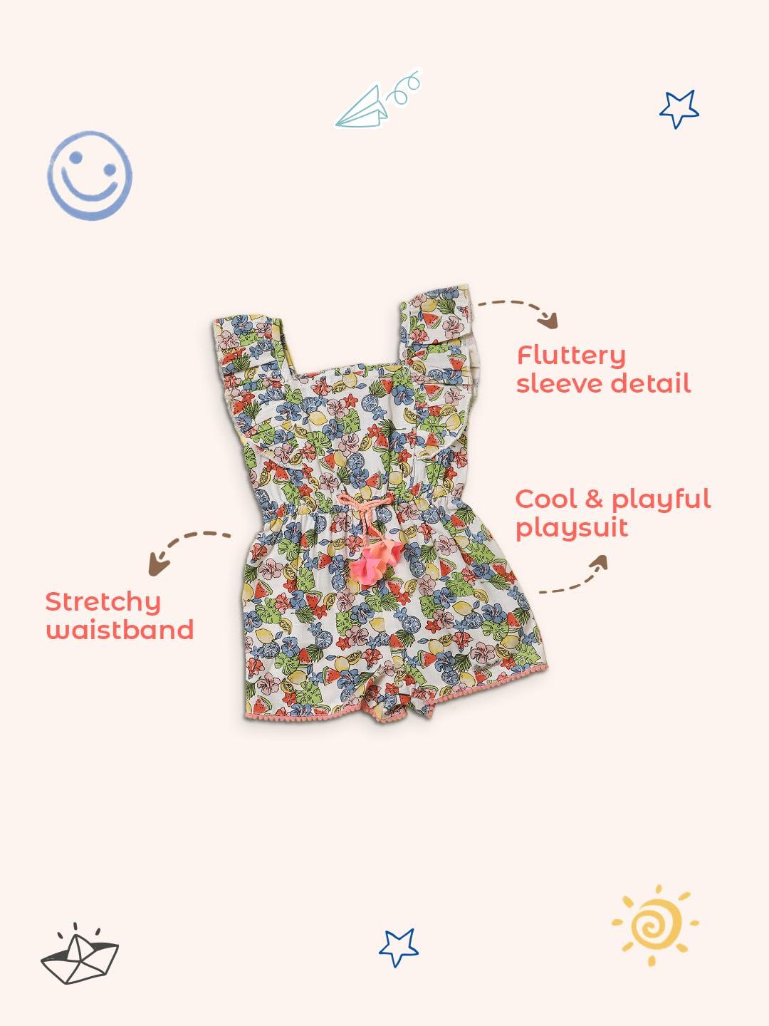 Nautinati Girls Printed Strap Sleeve Jumpsuit with Waist Tie Up | Rayon | Age 0-3 Years Multicolour 4