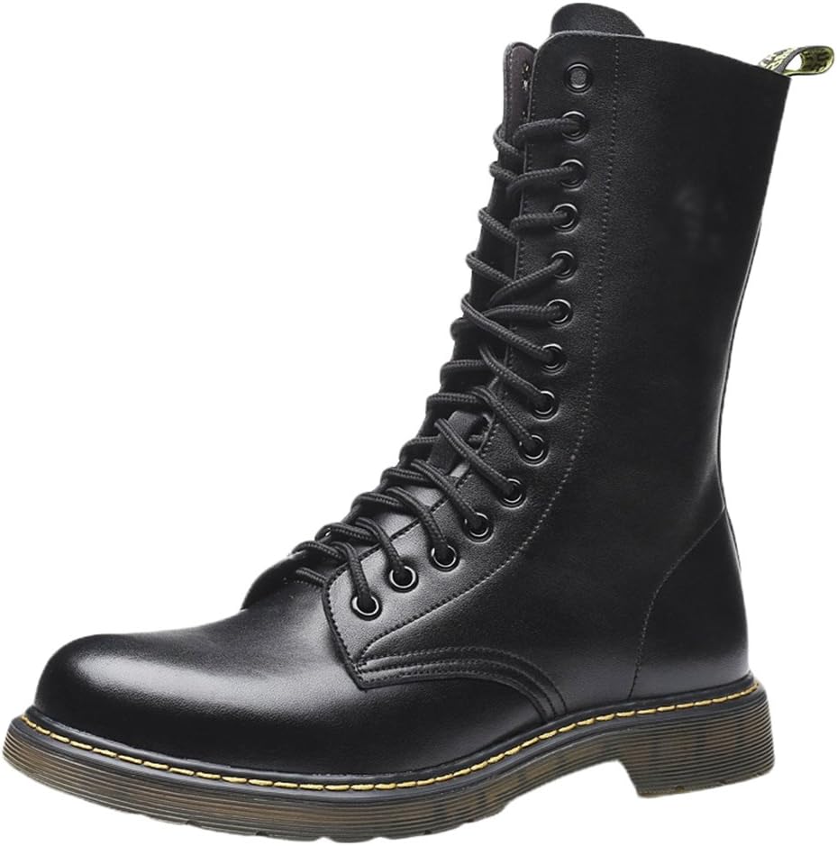 YuanDian Mens High Faux Leather Boot Lace Up Imitation Ox-Tendon Sole Mid-Calf Round-Toe Lining Slip-Resistant Cushioning Retro Army Combat Boots Black 8.5 UK
