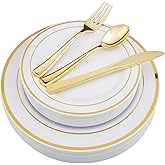 WDF-125 PCS Gold Plastic Plates - Fall Plates Disposable Include 25 Dinner Plate, 25 Salad Plate, 25 Forks, 25 Knives, 25 Spoons for Party Valentine's Day