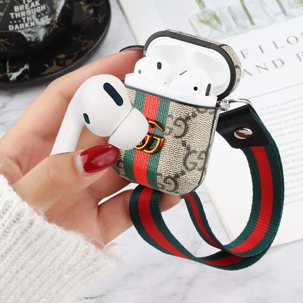 Designer Airpods Leather Case Cover : Giayouneer Luxury Classic Wireless Charging Case with Keychain Clip and Wristlet Strap Accessories Kit for Apple AirPods 2 and 1