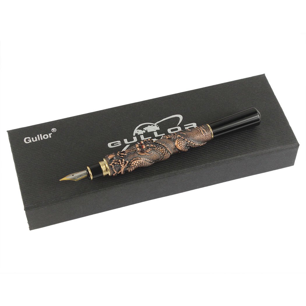 Gullor Chinese Dragon Copper Basso-Relievo Fountain Pen with Original Pen Box and 5 Color Ink Cartridges