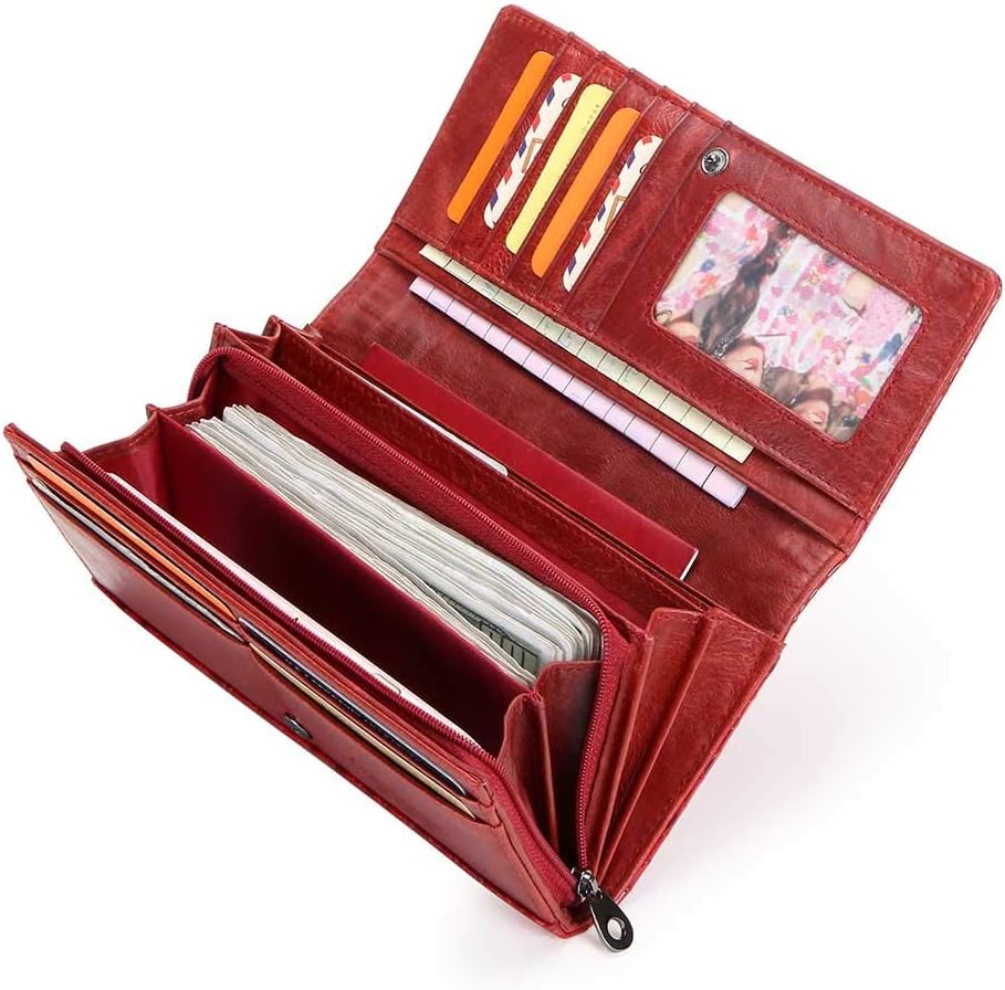 Lady's Wallet with Multifunctional Compartments, HIRAM Genuine Leather Clutch Purse for Women, Fashion Wallet for Ladies and Girls Red