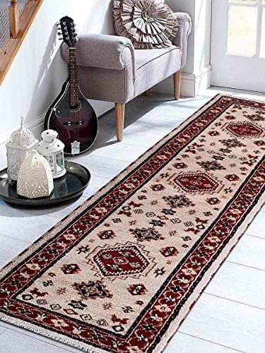 Rugsotic Carpets Hand Knotted Afghan Wool And Silk 2' 6'' x 10' Runner Rug Kazak Gold Red AF0101 With Fringe