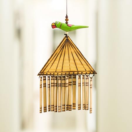 ExclusiveLane Home Decorative Wooden Parrot Garden Balcony Hanging Bells (17.7 cm x 2.4 cm x 38.8 cm, Brown)