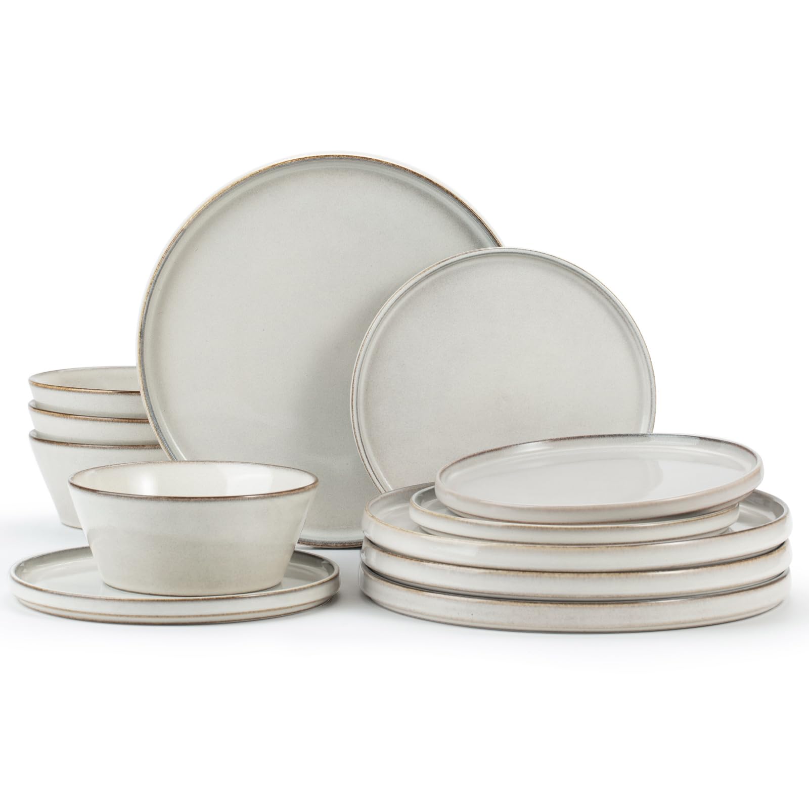 Photo 1 of Famiware Annecy Stoneware Dinnerware Sets, Plates and Bowls Sets for 4, 12 Pieces Handmade Tableware/Dishware/Dinner/Dish Set with Lipped Edges - Double Reactive Glaze, Grey-White