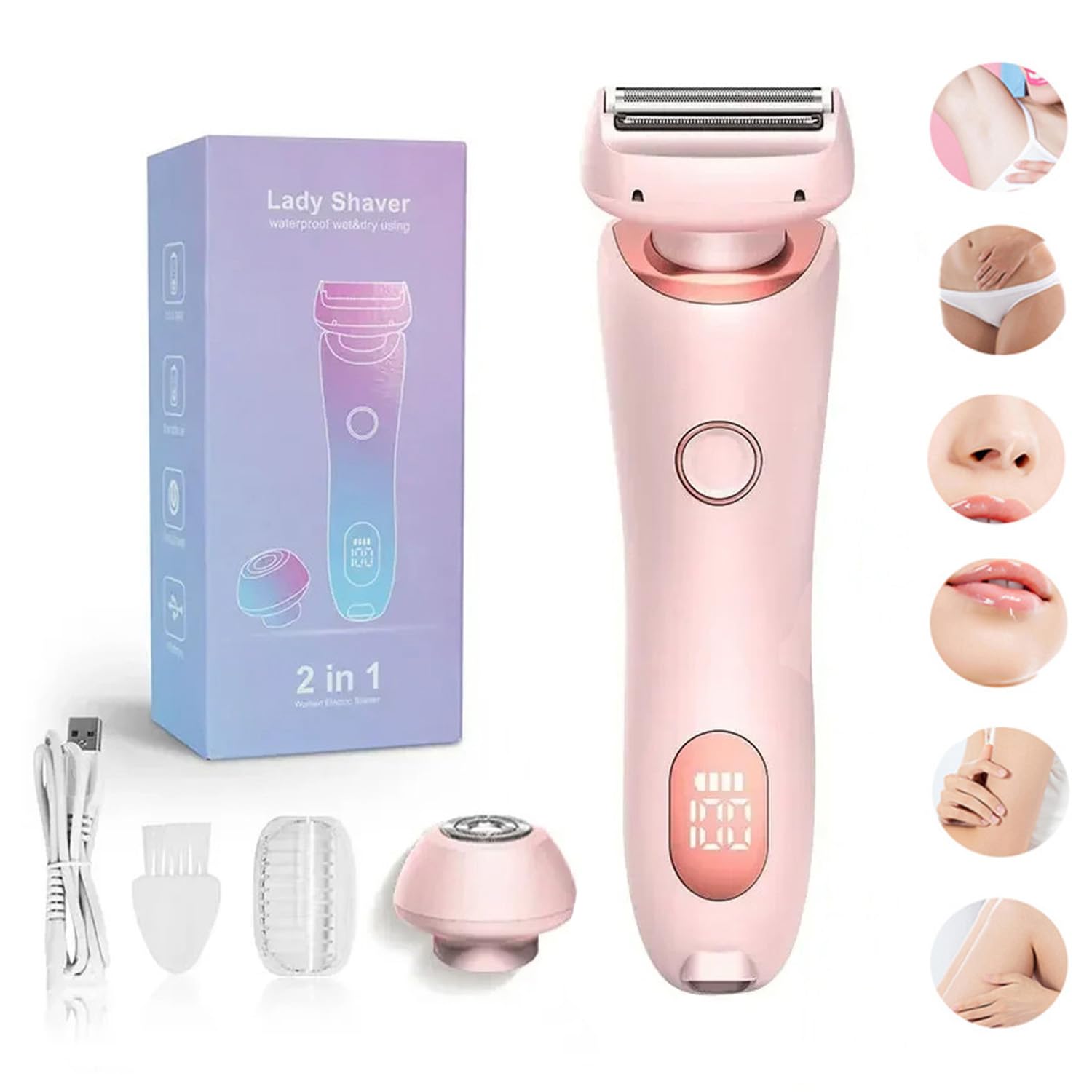 Lady Shaver for Women, 2 in 1 Waterproof Belarae Brazilian Electric Women's Razor for Face Lips Arms Legs Armpits Bikini, Wet & Dry, Painless Hair Removal, Rechargeable Women's Shaver (Pink)