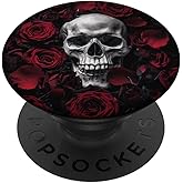 Dark Gothic Skull with Red Roses Aesthetic PopSockets Adhesive PopGrip