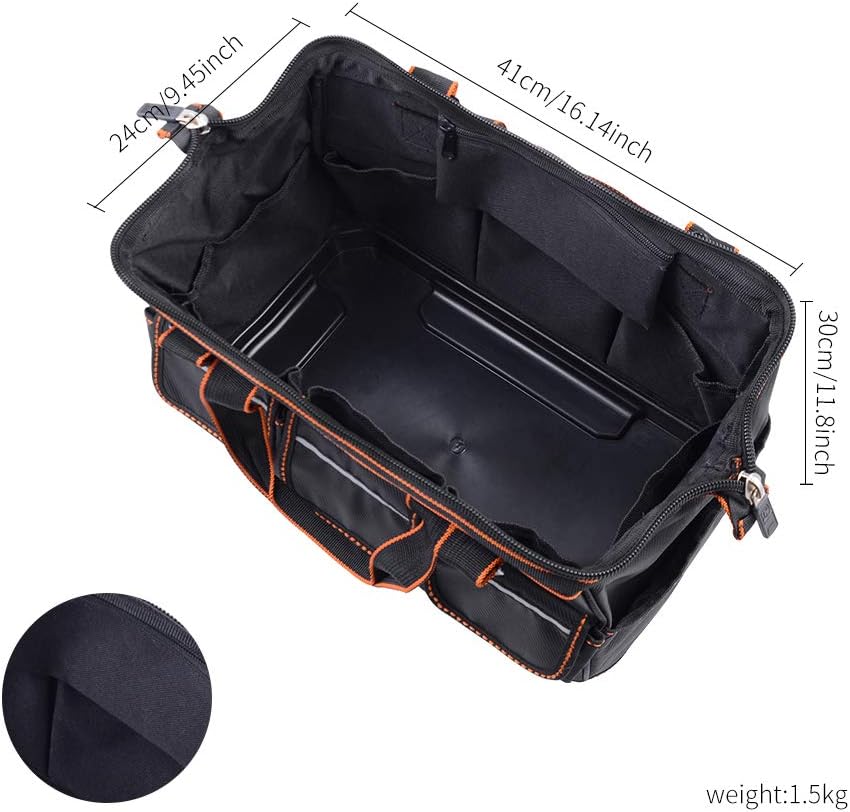 Tool Bags with Water Proof Molded Base, Wide Mouth, Single-Shoulder Tool Storage and Organizers Box 16 Inch 17 Pockets - - 