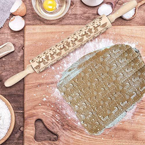 image for Aodis Christmas Wooden Rolling Pins, Engraved Embossing Rolling Pin wi