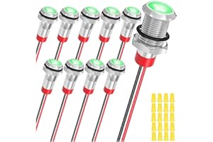 MKBKLLJY 10Pcs 8mm DC12-24V Green LED Metal Indicator Light Waterproof Signal Lamp with 150mm Cable Length Metal LED Indicator Light and Wiring Cap for Car Interior Trucks Boats Engine taillight