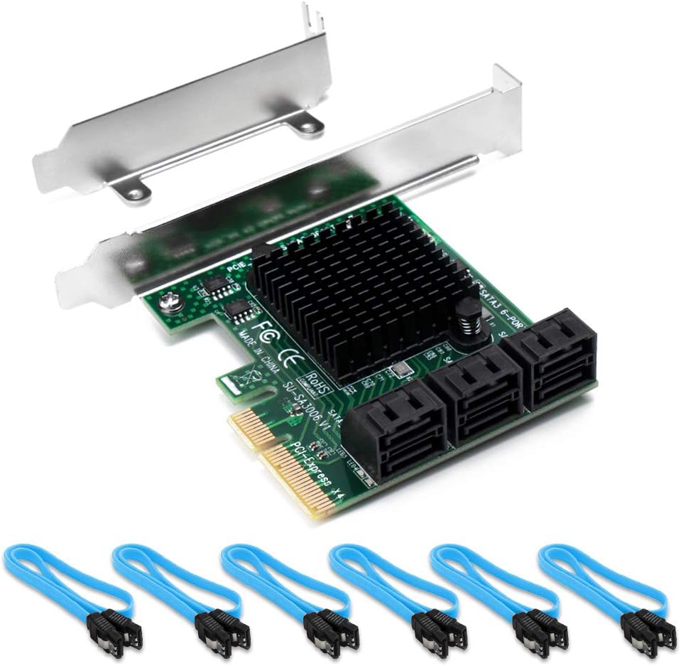 QNINE SATA Card PCIe 6 Port with 6 SATA Cables, PCIe SATA Controller Expression Card with Low Profile Bracket, Boot as System Disk, Support 6 SATA 3.0 Devices