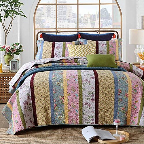 Floral Garden Striped Quilt Set Cotton Queen Size Patchwork Quilt Coverlet Delicate Flower Printed Quilt Set Luxury Romantic Wedding Quilt Set, Ultra Soft, Skin-friendly, Style2