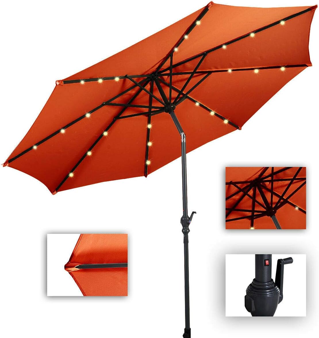 Amazon Com Custpromo 10 Ft Solar Patio Umbrella Outdoor Market Sunbrella With Led Lighted 8 Ribs Market Steel Tilt Solar Led Patio Umbrella With Crank Orange Garden Outdoor