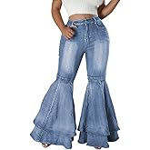 Women's Cute Flare Jeans Pleated Layered Ruffle Bell Hem Wide Leg Denim Pant