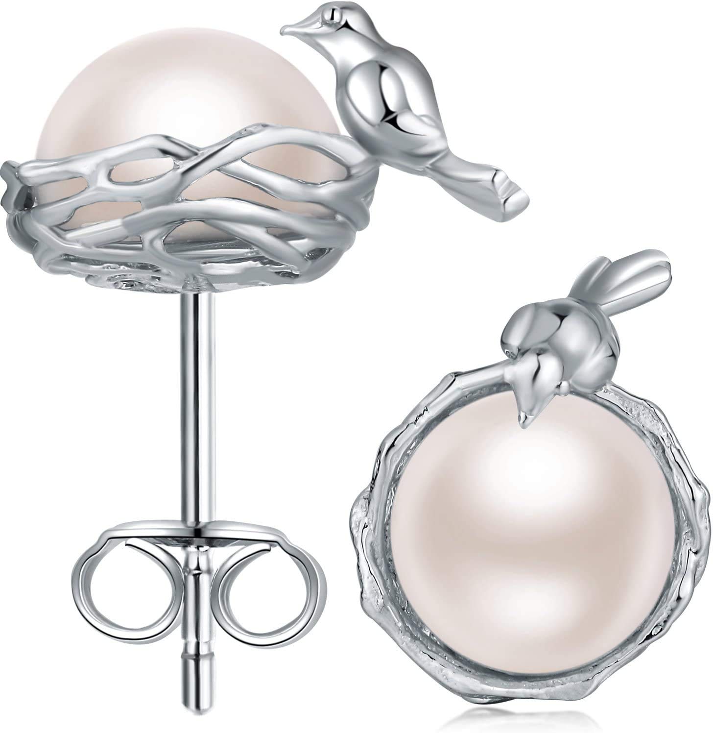 Pearl Earrings 925 Sterling Silver Bird Stud Earrings Pearl Studs Bird Nest Jewellery Gifts for Women