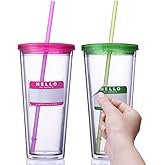 Cupture Classic Insulated Double Wall Tumbler Cup with Lid, Reusable Straw & Hello Name Tags - 24 oz, 2 Pack (green/pink)