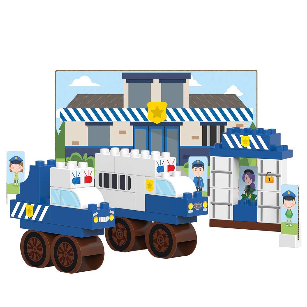 BIOBUDDI BUILDING BLOCKS - POLICE STATION PLAY SET, 32 BLOCKS, 9 PUSH-OUT CARDS