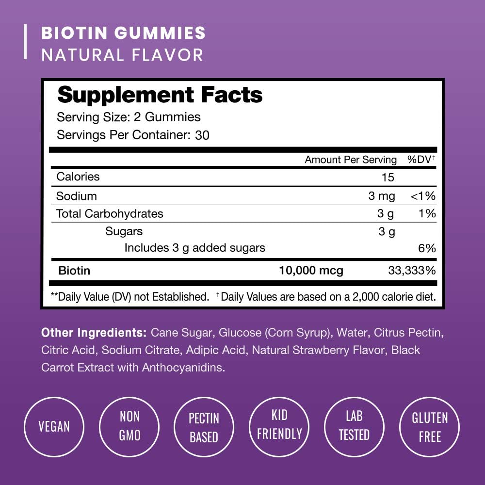 Biotin Gummies 10,000mcg [Highest Potency] for Healthy Hair, Skin & Nails for Adults & Kids - 5000mcg in Each Gummy Vitamin - Vegan, Non-GMO, Pectin-Based Hair Growth Supplement: Health & Personal Care