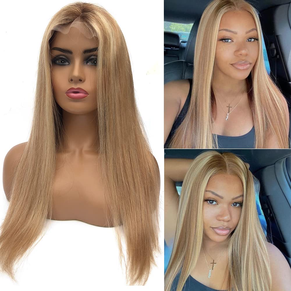 Photo 1 of Pre Plucked Blonde Lace Front Wig Human Hair 18" 150% Density Highlights 13x4 Transparent Lace Front Wigs Golden Brown to Blonde Balayage Straight Brazilian Remy Human Hair Wig with Blonde Roots