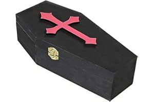 12-inch Black Lacquered Wooden Coffin Box—Featuring Hinged Cross Decorations, Ideal for Halloween, Party Gifts, Gothic Displa
