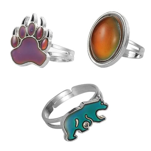 3pcs Oval Mood Ring Change Color Adjustable Size Temperature Bear Paw ...