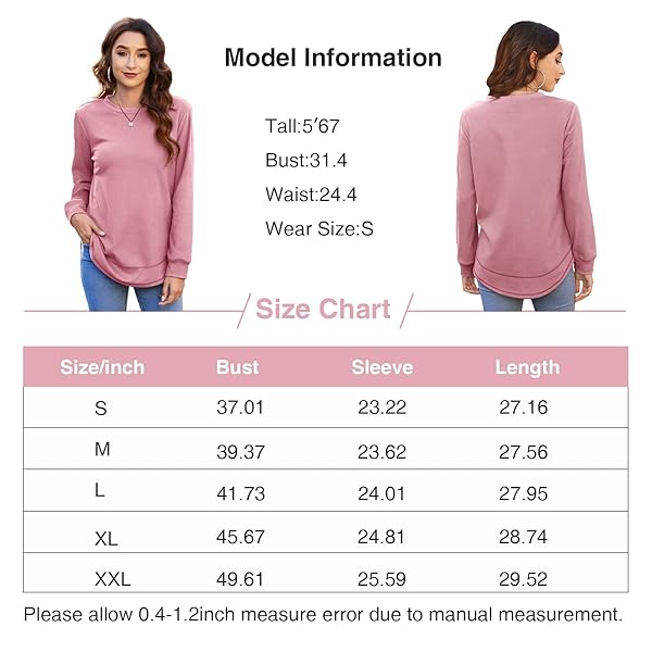 SUPNIER LONG SLEEVE TOPS FOR WOMEN CASUAL COMFY CREWNECK LOOSE FIT SHIRTS BLOUSES PINK S