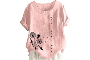 JEGULV Women Cotton Linen Tshirt Tops Casual Loose Fit Trendy Floral Printed Tunic Tees Short Sleeve Plus Size Button Blouses